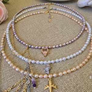 Handmade High Quality Freshwater Pearl Necklace: Purple, White, or Golden Peach. 4-5mm pearl beads, rare find, unique design with charms.