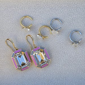 Green Blue or Pink Grey Crystal Drop Earrings With Ear Cuffs, Enamel Statement Set, Hypoallergenic French Hook