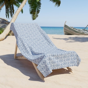 Blue Floral Tile Pattern Beach Towel | Coastal Boho Waves