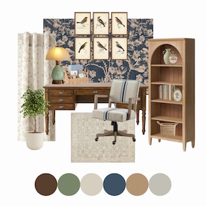 Paquete de diseño de oficina Eleanor / Tablero de ideas de diseño de interiores prediseñado / Lista de compras de oficina / Descarga instantánea de diseño electrónico