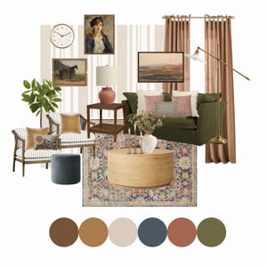 Paquete de diseño de sala de estar Nellie / Tablero de inspiración de diseño de interiores prediseñado / Lista de compras para la sala de estar / Descarga instantánea de diseño electrónico