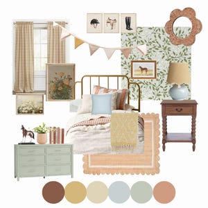 Paquete de diseño de dormitorio de niña Arabella / Tablero de ideas de diseño de interiores prediseñado / Lista de compras para el dormitorio / Descarga instantánea de diseño electrónico