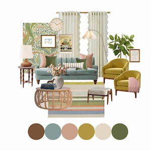 Paquete de diseño de sala de estar Tallulah / Tablero de ideas de diseño de interiores prediseñado / Lista de compras para la sala de estar / Descarga instantánea de diseño electrónico