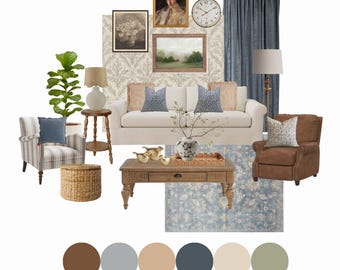 Ruth Living Room Design Package | Pre-Made Interior Design Mood Board | Living Room Shopping List | E-Design Instant Download