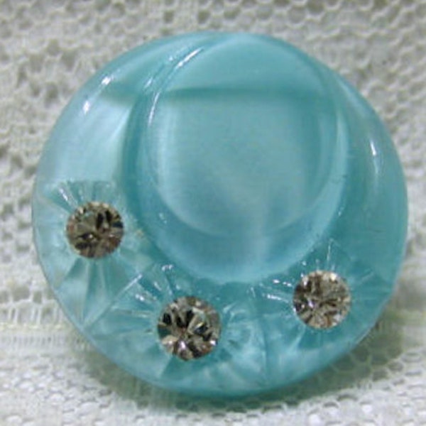 11/16" Vintage Aqua Glass Hat Moonglow Button w/3 Paste