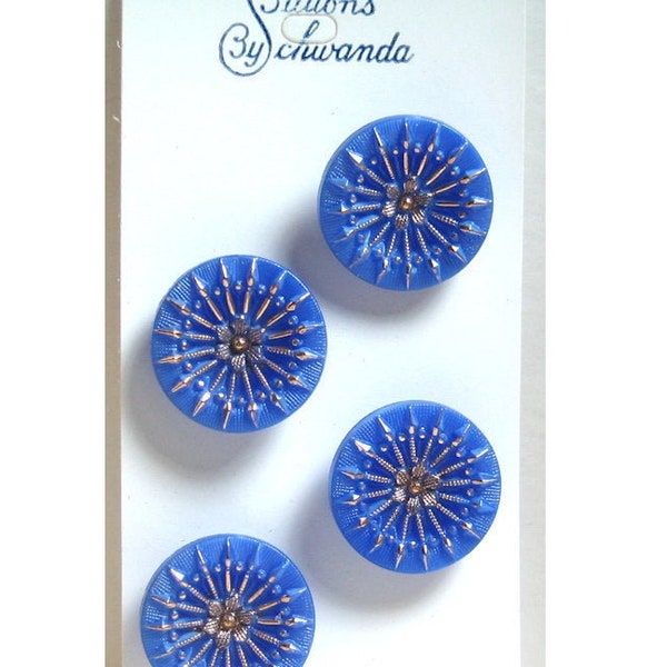 Original card of 11/16" Blue Glass Buttons with Gold Luster 2792-8 Buttons By Schwanda Western Germany