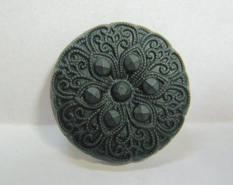 Medium Size Vintage Black Glass Button with Brass Shank