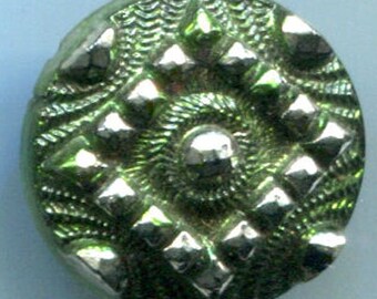 Antique Black Glass Button with Perfect Green Tint and Silver Luster, loop shank and plate Size: 11/16"