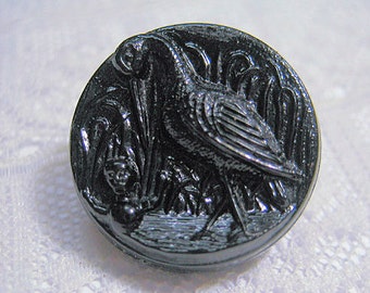 Antique Black Glass Button with Crane and Child in Water