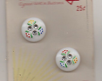 2 Painted White Glass Buttons with Rhinestones on Orig. Lansing Button Card