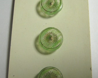 3 - 1/2 Glass Clear with Green Stripes Buttons on Orig, Schwanda Card