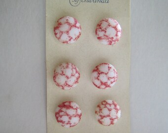 6 - 1/2" White Glass Buttons with Red on Orig, Schwanda Card