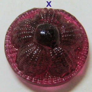 May include: A deep purple glass button with a raised, flower-like design. The button has a textured surface and a central, raised dome.