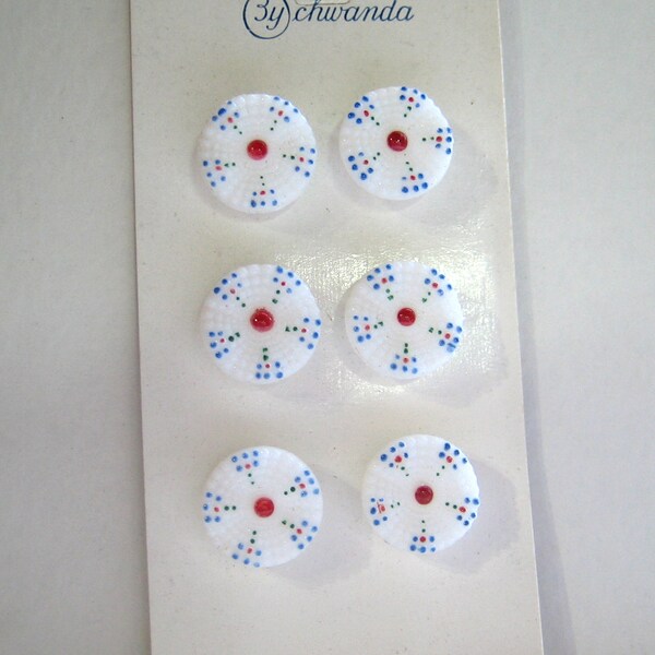 LAST CARD Vintage White Glass Buttons 1/2" Painted Design 7087-6