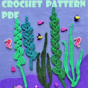 May include: A crochet pattern PDF featuring various crocheted seaweed designs in shades of green and teal, along with decorative fish and seahorse embellishments. The text "CROCHET PATTERN PDF" is displayed at the top.
