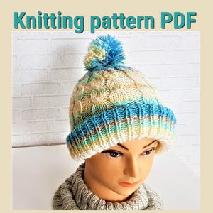 Knitting pattern PDF two-layered Hat with cables and pom-pom
