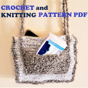 May include: A handmade crochet bag in shades of gray and white, with a textured, fluffy appearance. The bag has a zippered top and a front pocket. The text "CROCHET and KNITTING PATTERN PDF" is displayed at the top. A phone and tissues are visible inside.