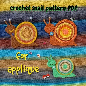 May include: Crochet snail pattern PDF for applique. The image shows three colourful crochet snails with detailed shell patterns. The snails are brown, orange, and green, with yellow, orange, and brown shells. The text "crochet snail pattern PDF" and "for applique" are also visible.