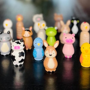Hand-Painted Farm & Woodland Animal Peg Dolls: Montessori Toy Set