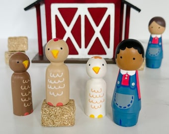 Hand-Painted Farmhouse Peg People Set: Wooden Farmer & Chickens