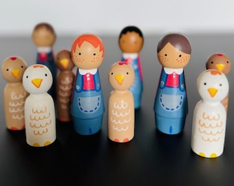 Hand-Painted Farmer & Chicken Peg Dolls: Wooden Farm Animal Toy