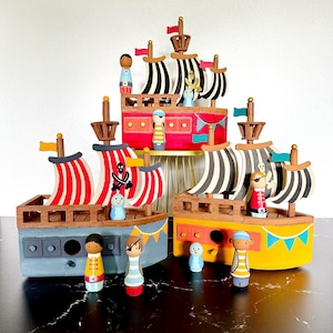 Hand-Painted Wooden Pirate Ship and Peg Dolls: Montessori Toy