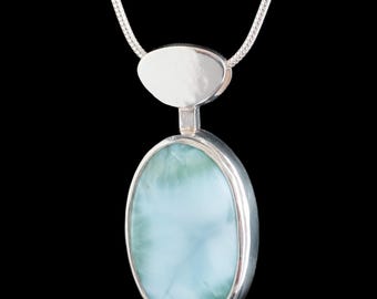 Bold minimalist oval Bi-color Larimar pendant in sterling silver