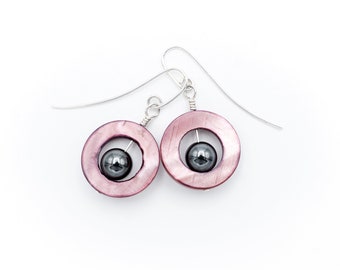 Shell earrings, silver jewelry, pink