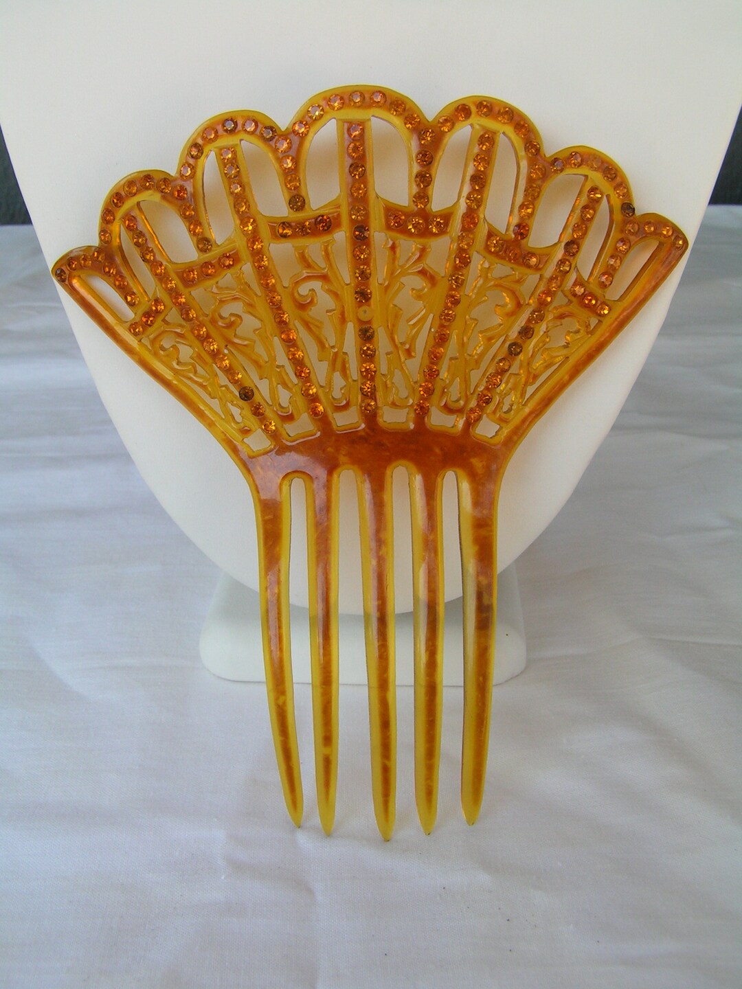 Antique Celluloid JEWELED Deco Hair Comb or Mantilla Amber RHINESTONES ...
