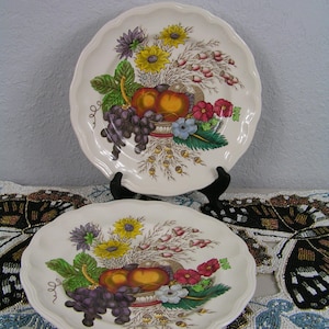 Vintage Spode Copeland Reynolds Set Of 2 Dinner Plates Multicolored Transfer Ware Autumn Fruit Botanical Made in England Mint Condition