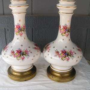 Pair of Vintage Mid Century Floral Chinoiserie (Ceramic) Lamps with Metal Bases 50s-80s