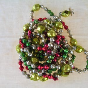 Vintage Colorful MERCURY GLASS BEAD Garland - 7.5 Feet Faceted Gold Barrel Beads and Doubles in Red Green and Silver 92&quot;