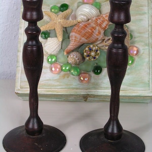 Pair of Vintage Turned Wood Wooden Candle Holders Candlestick Pair Rustic Farmhouse Patina