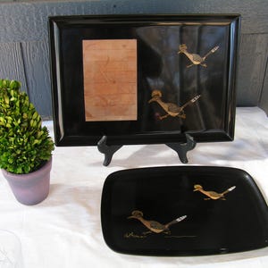 2 Vintage Couroc of Monterey Serving Trays with Inlaid Roadrunners 1 Charcuterie tray and 1 Additional Serving Tray MCM 60s