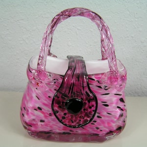 Murano Style Hand Blown Black White Pink and Clear Glass Purse or Vase Glass Art