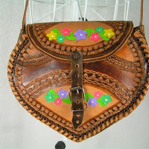 Vintage Retro Hippie Hand Tooled and Painted 70s Leather Shoulder Bag Adjustable Strap