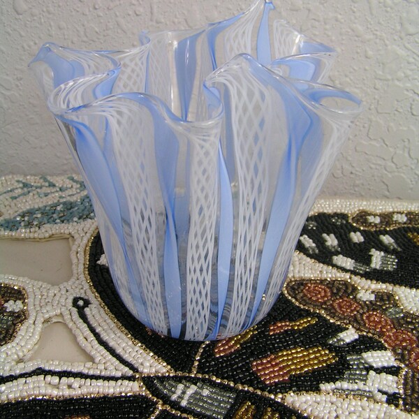 Vintage Murano White Lattice & Blue Ribbon Glass Handkerchief Vase