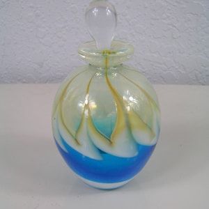 Vintage Signed 1983 David R Boutin Rainbow Glass Works Glass Perfume Bottle & Stopper Pulled Feather