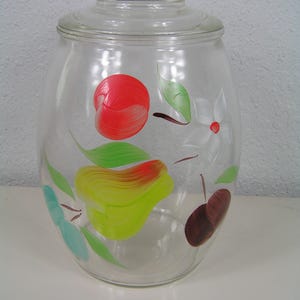 Vintage 60s Barlett Collins Clear Glass Cookie Jar With Lid Colorful Hand Painted Fruit
