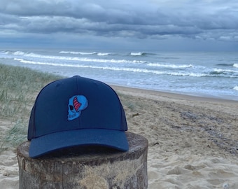 Surfer Skull Trucker Hat with Unique Surfboard Fin Design - Retro Surfing Art Embroidered Surf  Vintage Surf Culture