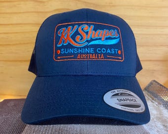 Vintage Surf Sunshine Coast Trucker Hat: KK Shapes Surf Shop Retro Logo- Surfing Supplies