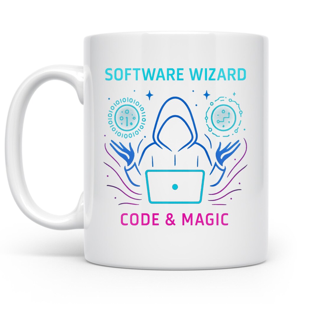 Neon Coding Mug: Wizard Design With Tech Wireframe Art - Etsy