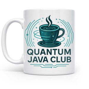 May include: White ceramic mug with a teal graphic of a coffee cup emitting steam, surrounded by a teal design. The text "QUANTUM JAVA CLUB" is printed below the graphic in teal. The mug has a curved handle.