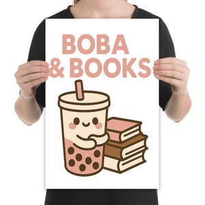 Póster de Boba y libros, arte mural de té de burbujas kawaii, impresión estética de lectura acogedora, regalo encantador para amantes de los libros, decoración de rincón de estudio en rosa pastel