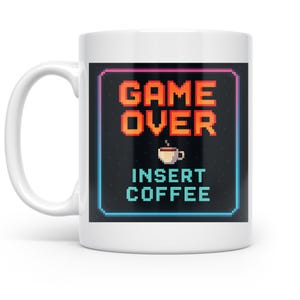 Game Over Insert Coffee Mug, Retro Arcade Art, Pixel Humor, Gamer Gift, Ceramic Cup, Office Desk Decor, Level Up Quote