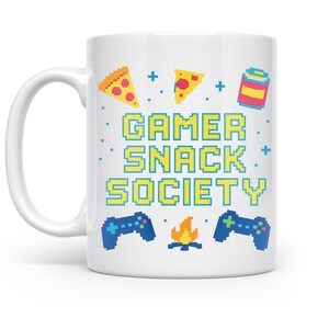 Gamer Snack Society Mug, Retro Arcade Fun, Pixel Art Arcade, Ceramic Coffee Cup, Game Night Accessory, Dishwasher Safe