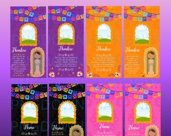 May include: Eight digital candle templates for Dia de los Muertos featuring colorful papel picado banners, marigold-framed photo windows, and illustrations of the Virgin of Guadalupe. Each template includes Spanish or English text and sugar skulls.