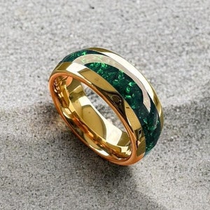 Green Emerald Inlaid Gold Tungsten Ring, Gemstone Men Ring, Men Women Gold  Wedding Band, Emerald Wedding Band Men, Promise Couple Ring, 8mm