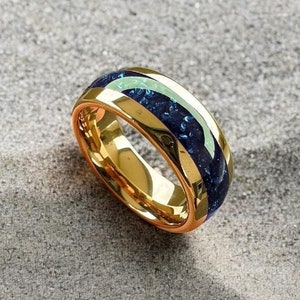 Blue Opal Gold 8mm Tungsten Ring, Crystal Stone Ring, Gemstone Men Ring, Men Women Wedding Band, Opal Wedding Band Men, Promise Couple Ring
