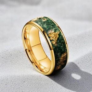 Green Moss Agate & Gold Leaf Men Wedding Band , Gold Tungsten Carbide 8mm Comfort Fit Ring , Nature Wedding Ring , Anniversary Gift For Him